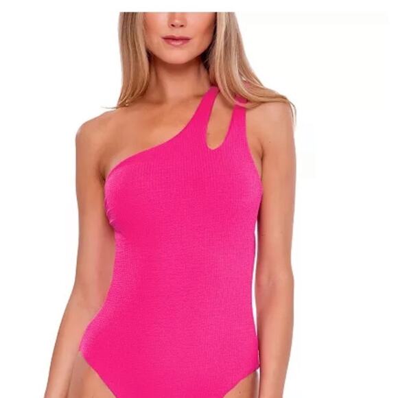 Becca Cosmopolitan Pink Pucker Up Asymmetrical One-Piece Swimsuit Sz M NWT - Picture 5 of 13